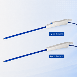 Two disposable monopolar suction coagulators with blue flexible shafts, showing both the hand-switch and foot-switch handle designs.